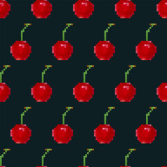 Pixel cherries on a black background seamless pattern. Cute cherries in 8 bit style for a wallpaper, wrapping paper, textile prints. Pixelated retro video game graphics. Pixel art