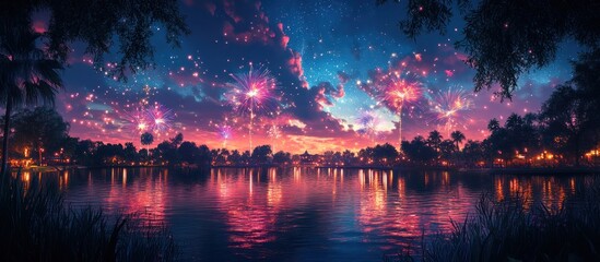 Naklejka premium A serene lake scene with colorful fireworks exploding in the sky over the water and trees reflecting in the water.