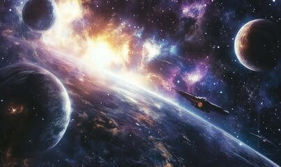 Cosmic space scene with planets and star explosion, vibrant colors, deep space, celestial bodies, spacecraft near Earth-like planet