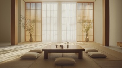 Fototapeta premium Tranquil Japanese-Inspired Minimalist Living Room