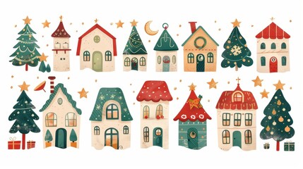 Christmas watercolor clipart of festive houses holiday decoration cozy environment whimsical viewpoint seasonal concept