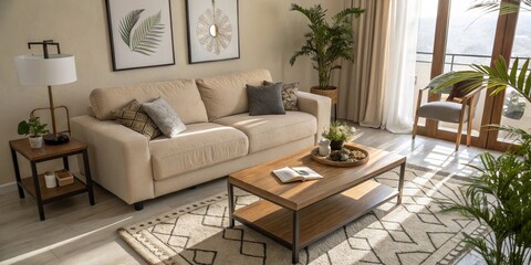 Cozy Modern Living Room with Beige Sofa and Wooden Coffee Table - Stylish Interior Design, Natural Light, High Depth of Field, Contemporary Decor, Relaxing Atmosphere, Home Aesthetics