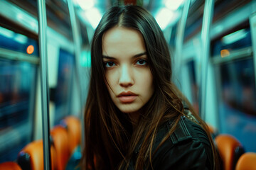 Generative AI portrait of people crowd busy day on dimly lit metro bus train public transport concept, urban scene