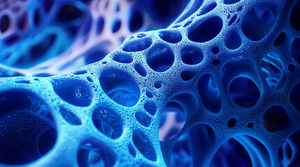 Photorealistic view of bio-ink forming bone tissue, intricate cellular structures, glowing blue lighting 