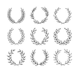Fototapeta premium Silhouette Laurel Wreath Vector Set – Minimalist Black and White Decorative Elements for Logos, Awards, Branding, Certificates, Invitations, and Typography Design