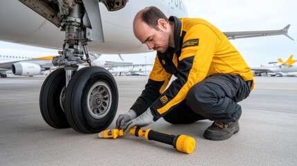 Aircraft maintenance technician inspects landing gear airport photography industrial setting ground level aviation safety