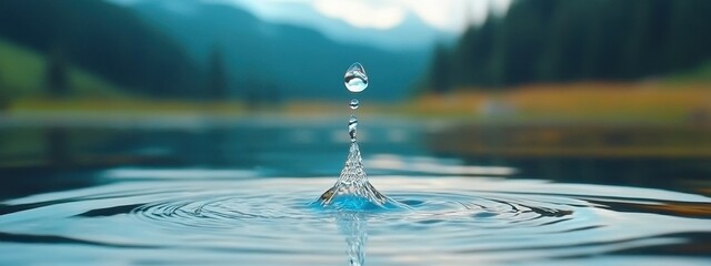 Stunning Close-up of Water Droplet Falling into Calm Lake Creating Ripples Surrounded by Lush Green Landscape and Majestic Mountains in the Background