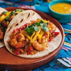 Street Food Style Tacos Gobernador with Grilled Shrimp, Cheese, and Bell Peppers, Captured in a Vibrant Outdoor Market Scene with Fresh Ingredients and Authentic Flavors