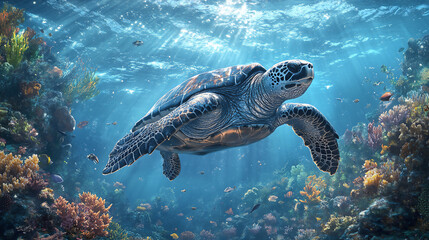 Fototapeta premium Highly detailed image of a Leatherback Sea Turtle (Dermochelys coriacea), an endangered species, swimming gracefully in the open ocean.
