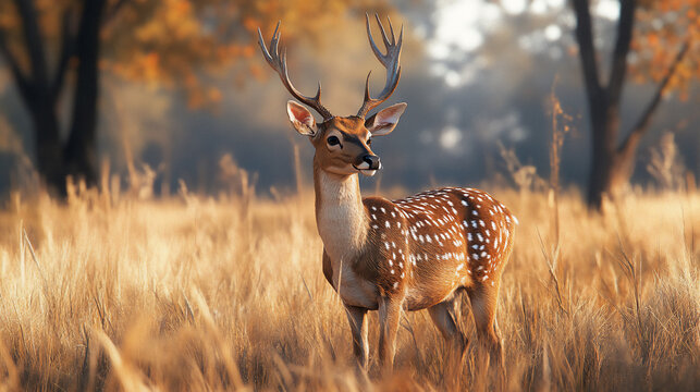 Highly detailed image of a Schomburgk&rsquo;s Deer (Rucervus schomburgki), an extinct species native to Thailand, in a serene grassland setting as it would have appeared in the past. 