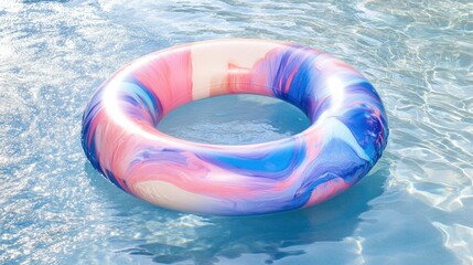 A vibrant inflatable ring floating in clear water, vivid tones capturing the fun and relaxation of a sunny day at the pool or beach.