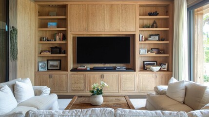 Modern living room with wooden shelving and TV setup