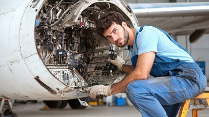 Technician performing maintenance on aircraft avionics equipment hangar industrial work controlled environment close-up mechanical precision