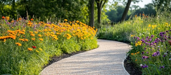 Obraz premium Winding pathway lined with vibrant yellow and purple flowers in a lush green garden.