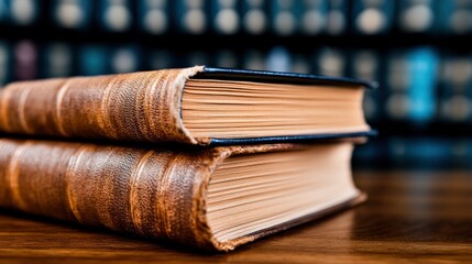 Two Antique Leather-Bound Books on Wooden Table with Bookshelf in Background