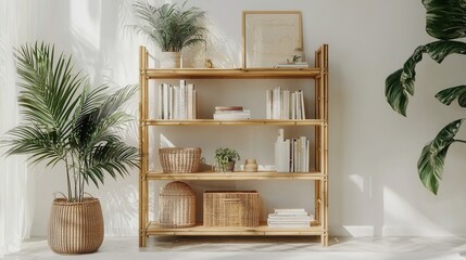 Stylish Minimalist Bamboo Bookshelf with Plants