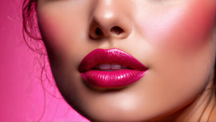 Juicy lipped woman with plumping lip gloss voluminous shine hydrating swirls blurred raspberry backdrop