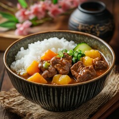 Savory Japanese Curry Rice Bowl with Beef Slices and Vegetables on Rustic Table with Traditional Decor