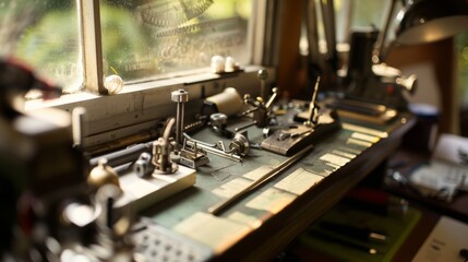 A detailed model train repair bench with tiny tools and parts, showcasing a workspace with model train parts, precision screwdrivers