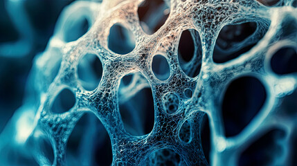 Ultra-detailed macro shot of bio-ink forming bone tissue, intricate cell scaffolds, glowing blue lab lighting 