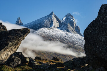 View of Ulamertorsuaq mountain and the view of surrounding mountains and glaciers in Tasermiut...