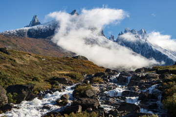 View of Ulamertorsuaq mountain and the view of surrounding mountains and glaciers in Tasermiut fjord (South Greenland)