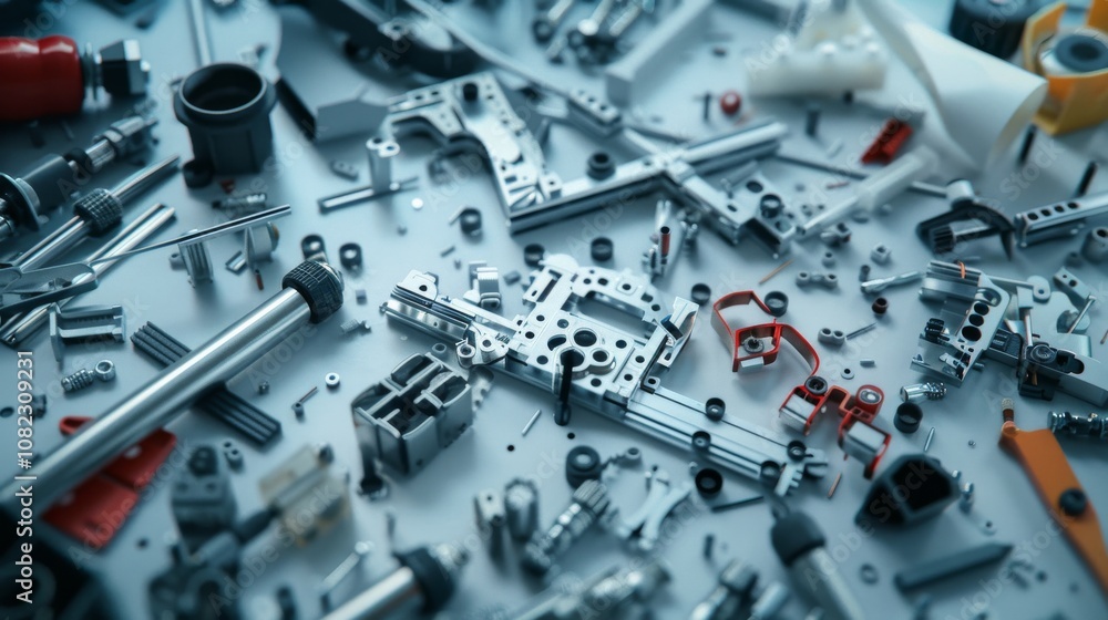 Poster A detailed robotics building area with parts and tools, Robotics components and assembly tools neatly arranged, Modern tech hobby style