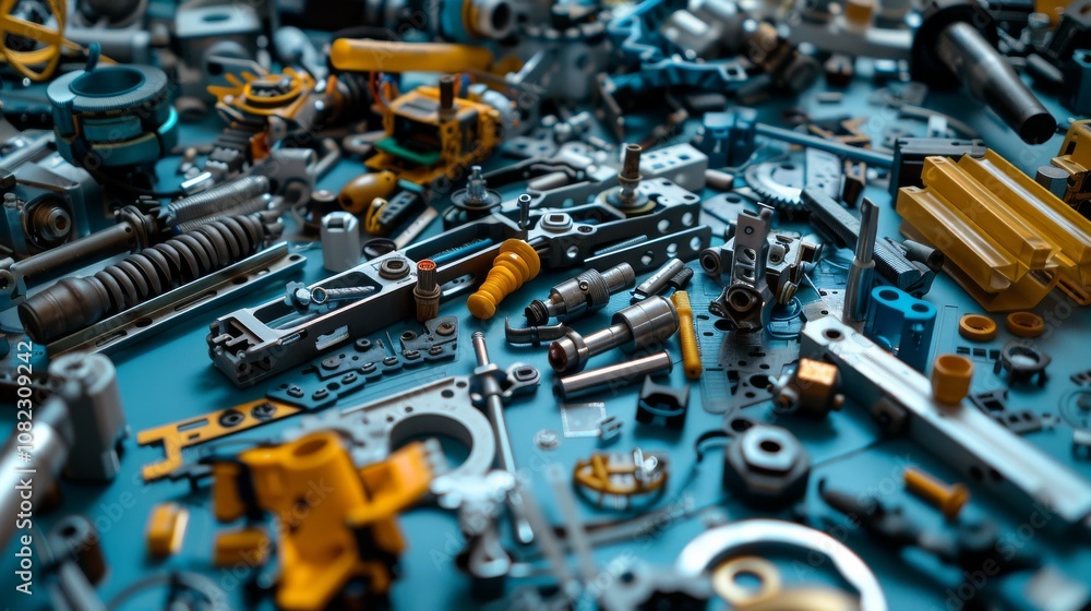 Poster A detailed robotics building area with parts and tools, Robotics components and assembly tools neatly arranged, Modern tech hobby style