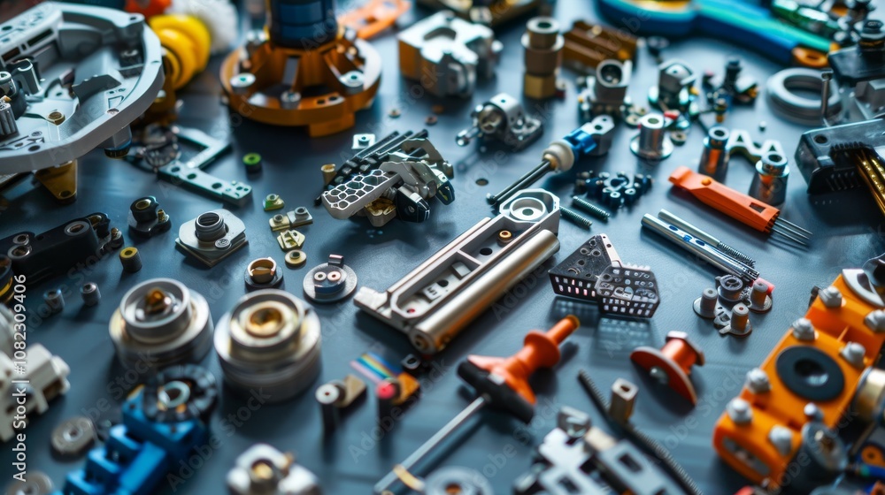 Poster A detailed robotics building area with parts and tools, Robotics components and assembly tools neatly arranged, Modern tech hobby style