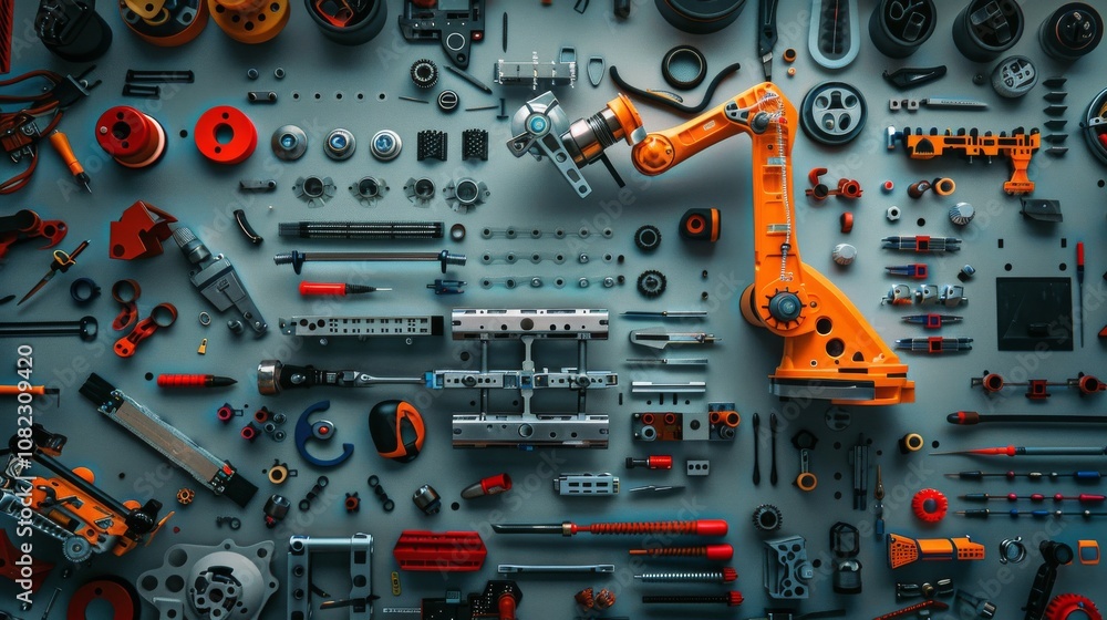 Fototapete A detailed robotics building area with parts and tools, Robotics components and assembly tools neatly arranged, Modern tech hobby style