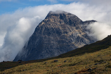 View of Ulamertorsuaq mountain and the view of surrounding mountains and glaciers in Tasermiut fjord (South Greenland)