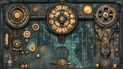 Fototapeta premium Steampunk gears web banner, background illustration, ai. Steampunk. Illustration