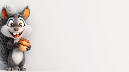 Playful squirrel holding acorn animated scene studio background whimsical view character design