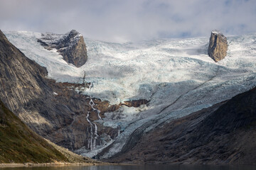 View of Ulamertorsuaq mountain and the view of surrounding mountains and glaciers in Tasermiut...
