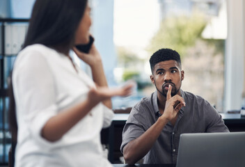 Quiet, business man and phone call in office for distraction, noise and colleague for...