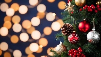 Fototapeta premium Festive Christmas Tree with Red and Gold Ornaments and Bokeh Lights