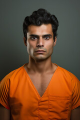 Fototapeta premium Prison mugshot of young Indian man in orange jumpsuit