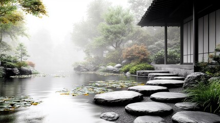 Fototapeta premium Serene Japanese Garden in Monochrome. Generative AI