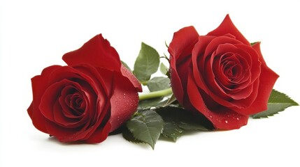 Close-up of two red roses with dewdrops nature floral arrangement studio setting detailed view beauty concept