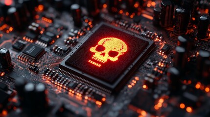 Cybersecurity Threat Symbol on Circuit Board with Red Skull Icon. Generative AI