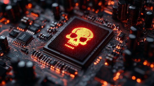 Cybersecurity Threat Symbol on Circuit Board with Red Skull Icon. Generative AI - Powered by Adobe