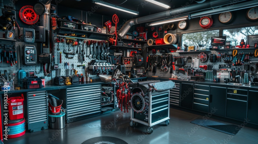 Poster a dynamic automotive workshop with tools and car parts, engine components neatly displayed, mechanic