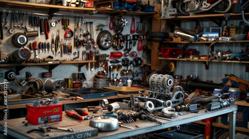Poster a dynamic automotive workshop with tools and car parts, engine components neatly displayed, mechanic