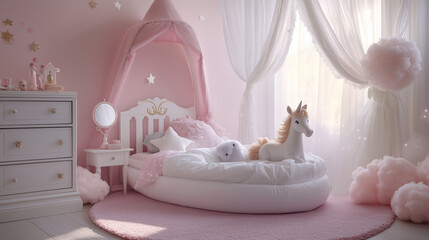 Dreamy pink-themed children&rsquo;s bedroom with unicorn decor and canopy bed

