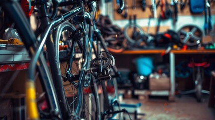 Fototapeta premium A dynamic bike repair shop with bicycle tools and repair stands, Mechanics servicing bicycles in a workshop, Cycling maintenance style