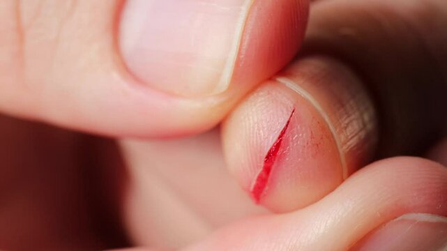 Deep cut on a thumb from a knife injury. Human household injury requires antibacterial treatment. Safety precautions are crucial when working with sharp tools