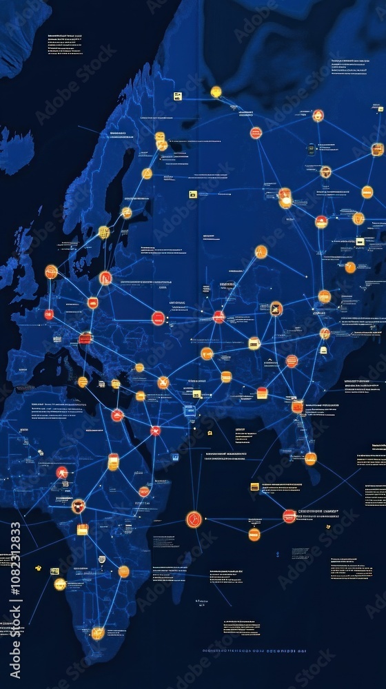 Poster a network map illustrating global connections and nodes across various regions.