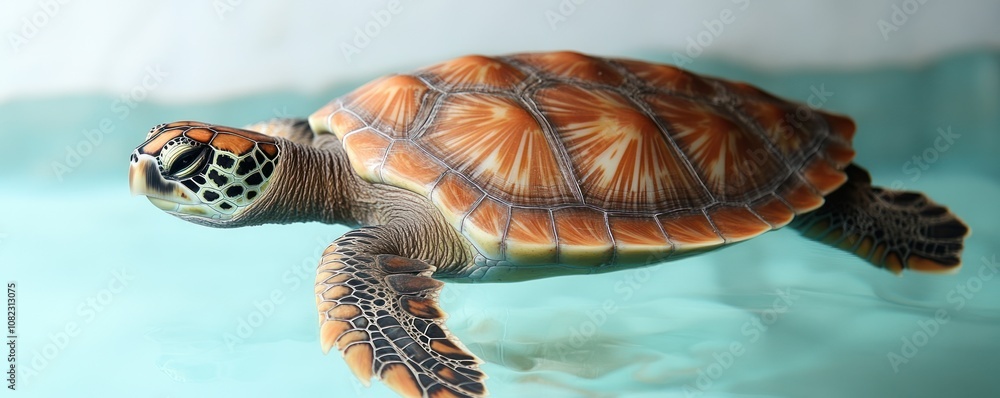 Poster a close-up of a swimming turtle in clear water, showcasing its vibrant shell patterns.