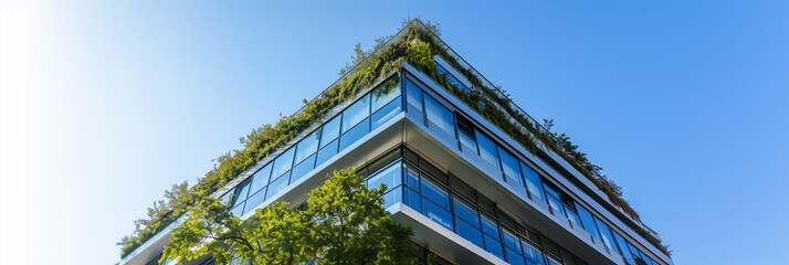 Interior design of modern sustainable building with green rooftop and glass facade
