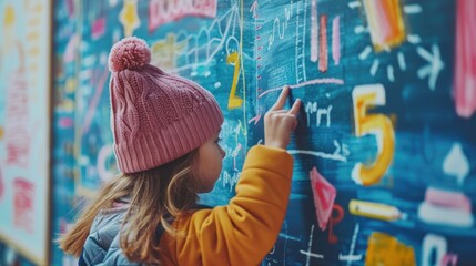 Obraz premium Little Girl Learning and Writing on Blackboard